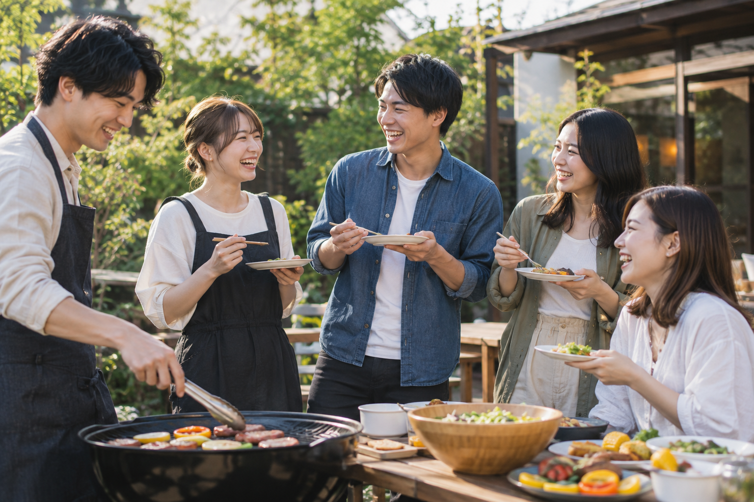 BBQを囲んで会話を楽しむ20代の男女